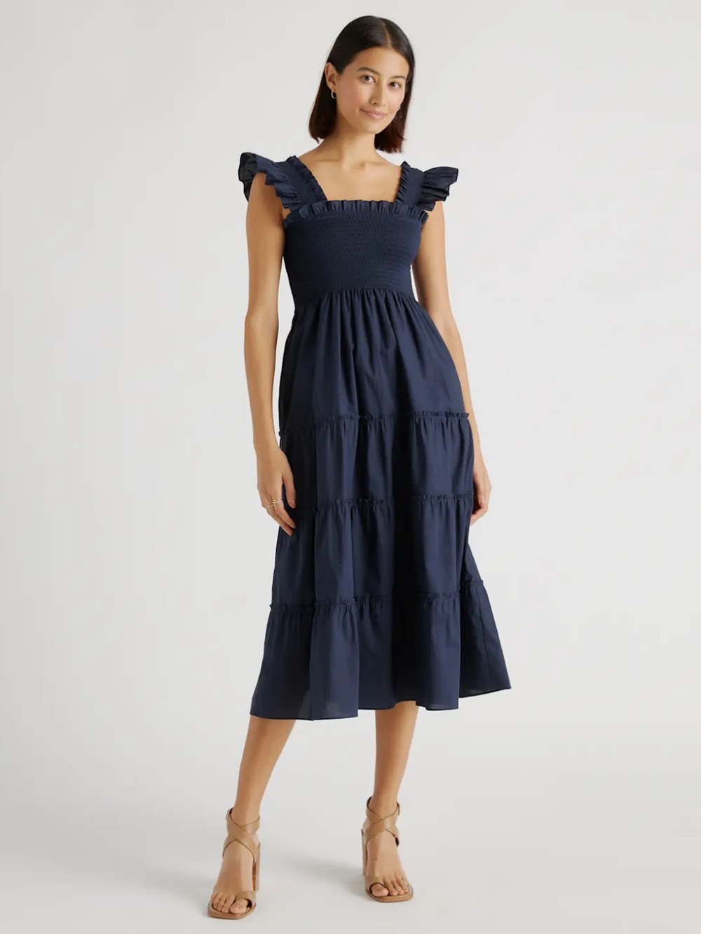 Quince Navy Smocked Tiered Midi Dress